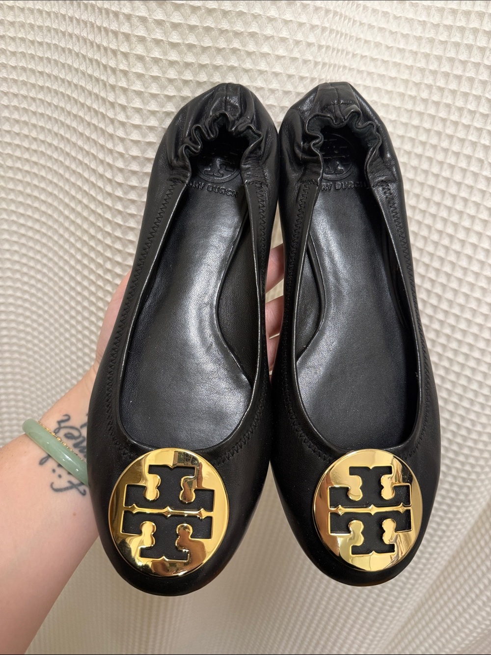 Tory Burch Black Leather Logo Ballet Flats with Gold Medallion - NWOT